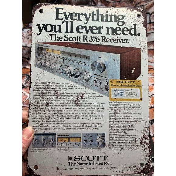Vintage Hi-Fi !0 X 7 Distressed Metal Advertising Sign Wall Scott R 376 Receiver - Picture 1 of 1